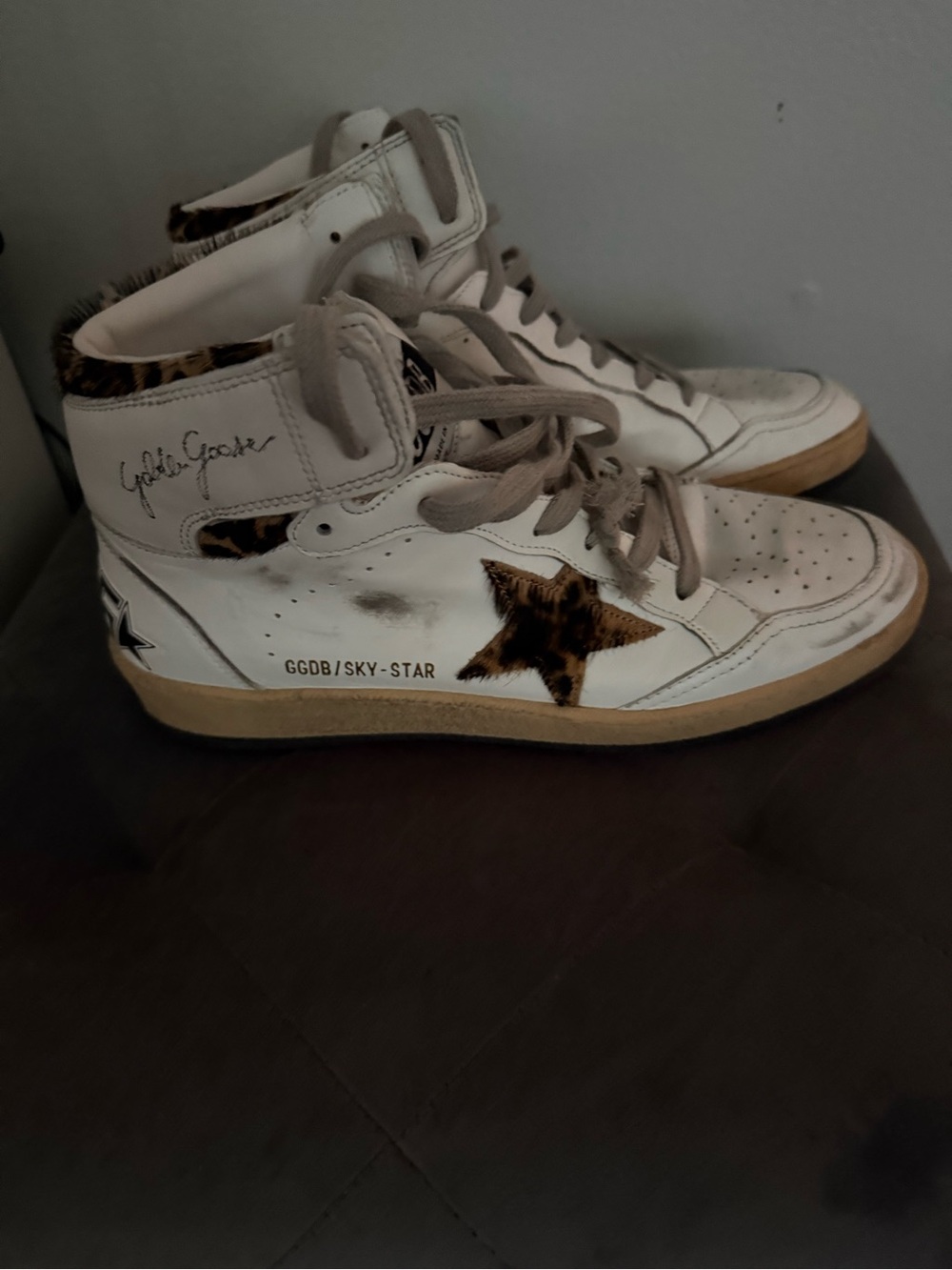 Golden Goose White High-Top Sneakers with Leopard Star Accent